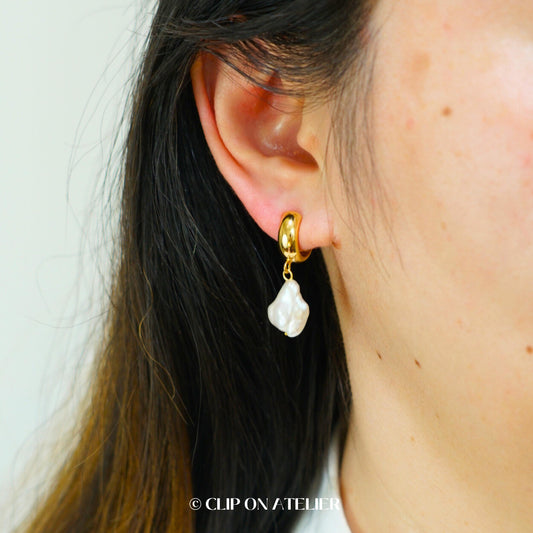 Real Baroque Pearl Clip On Earrings Gold Hoop Huggie Ear Clips, Non Pierced Ears, Dainty Boho Wedding Jewelry Bridesmaids Gifts Birthday Mom