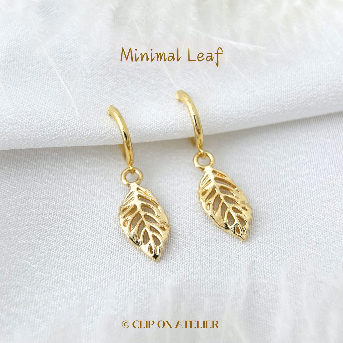Clip On Earrings Minimalist Gold Hoop Boho Leaf Huggies Dainty Drop Clipon | Non Pierced Ears No Piercing | Wedding Jewelry Gift For Her