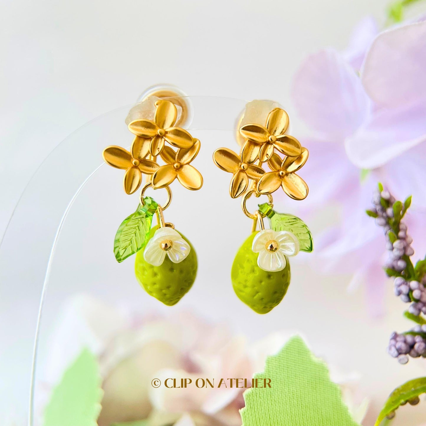 Clip On Earrings Lemon, Gold Flower Boho Fairy Cute Fruit Ear Clips, Non Pierced Ears No Piercing, Jewelry Gift For Her Daughter Christmas