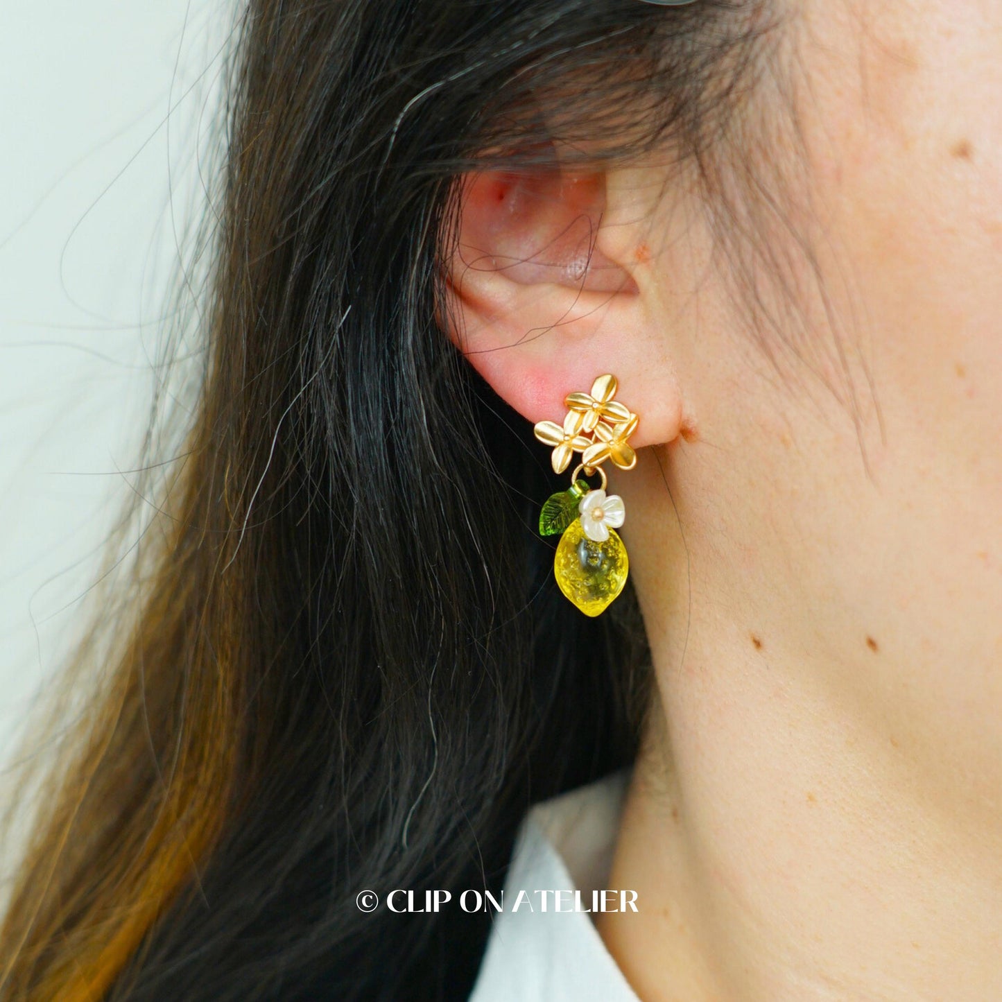 Clip On Earrings Lemon, Gold Flower Boho Fairy Cute Fruit Ear Clips, Non Pierced Ears No Piercing, Jewelry Gift For Her Daughter Christmas