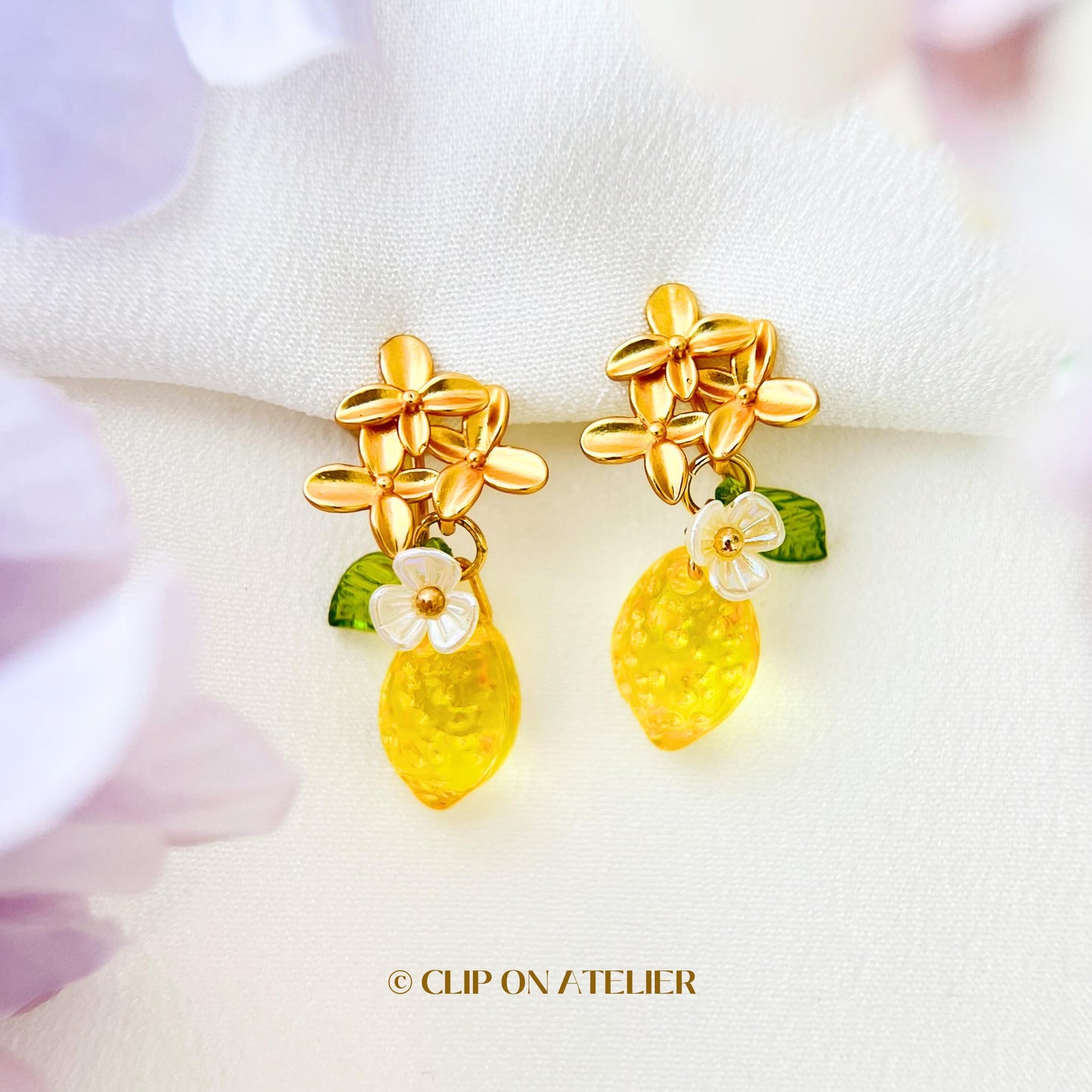 Clip On Earrings Lemon, Gold Flower Boho Fairy Cute Fruit Ear Clips, Non Pierced Ears No Piercing, Jewelry Gift For Her Daughter Christmas