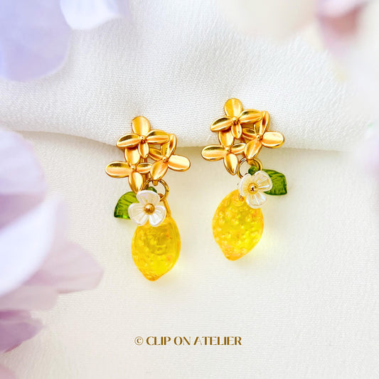 Clip On Earrings Lemon, Gold Flower Boho Fairy Cute Fruit Ear Clips, Non Pierced Ears No Piercing, Jewelry Gift For Her Daughter Christmas