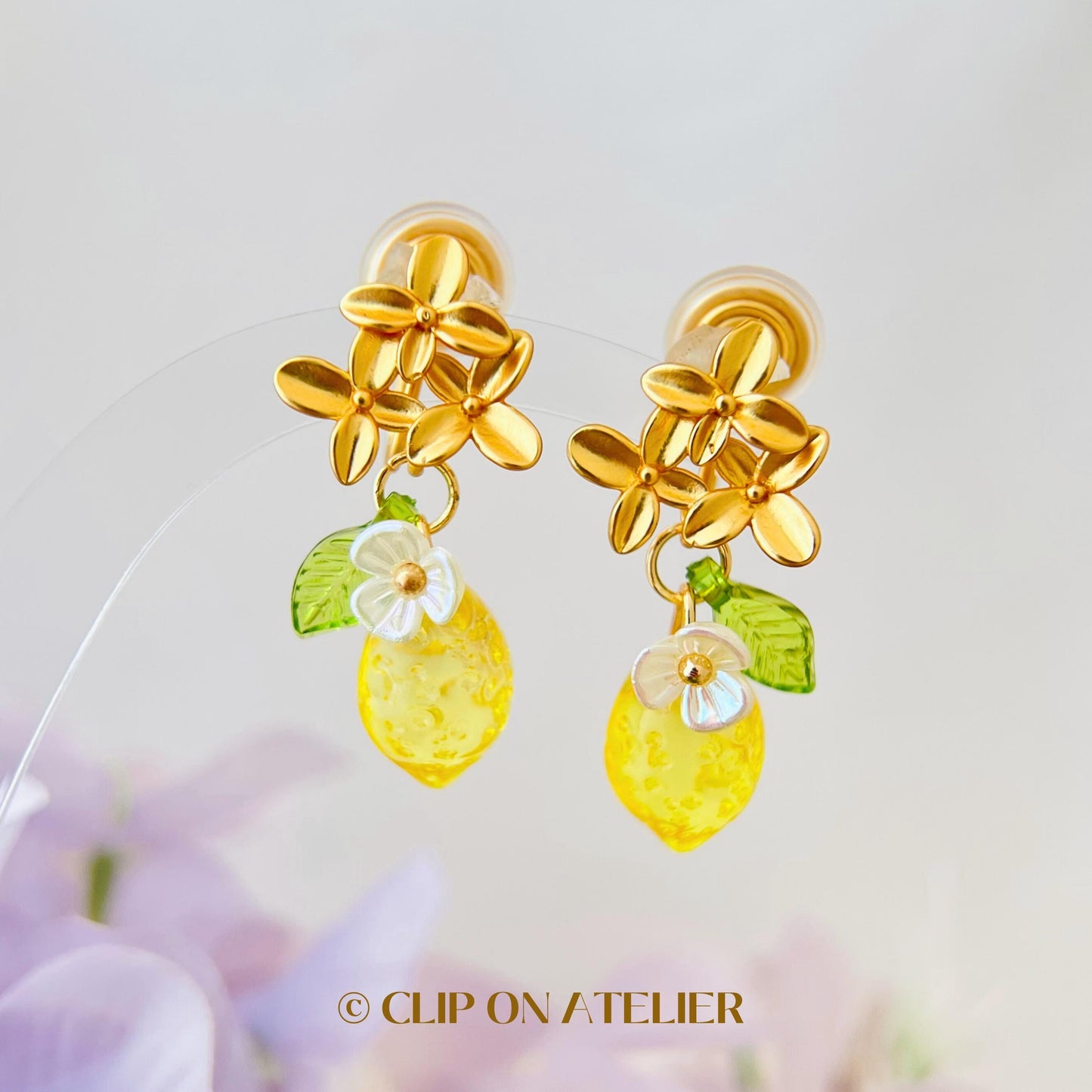 Clip On Earrings Lemon, Gold Flower Boho Fairy Cute Fruit Ear Clips, Non Pierced Ears No Piercing, Jewelry Gift For Her Daughter Christmas