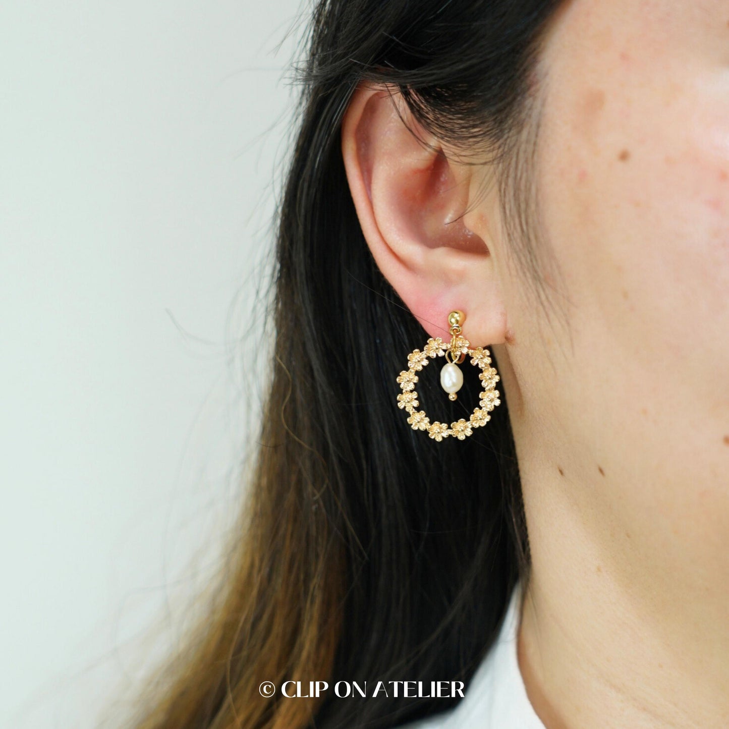 Clip On Earrings Minimalist Gold Hoop Boho Flower Wreath Pearl, Non Pierced Ears No Piercing, Dainty Ear Clips Jewelry Gift Birthday Bridal