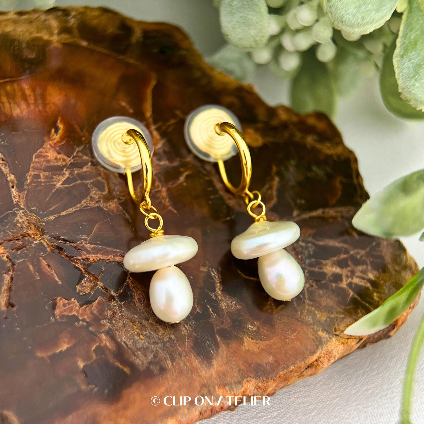 Mushroom Natural Pearl Clip On Earrings