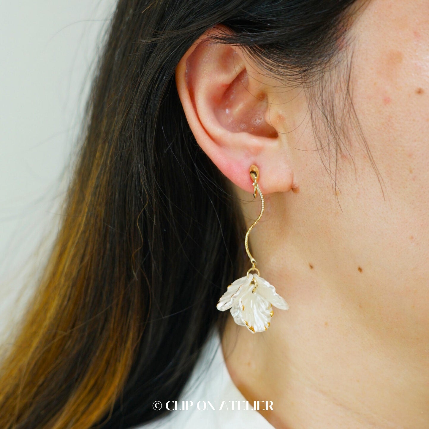 Gold Dangle Clip On Earrings: White Petal Boho Fairy Bridal Jewelry