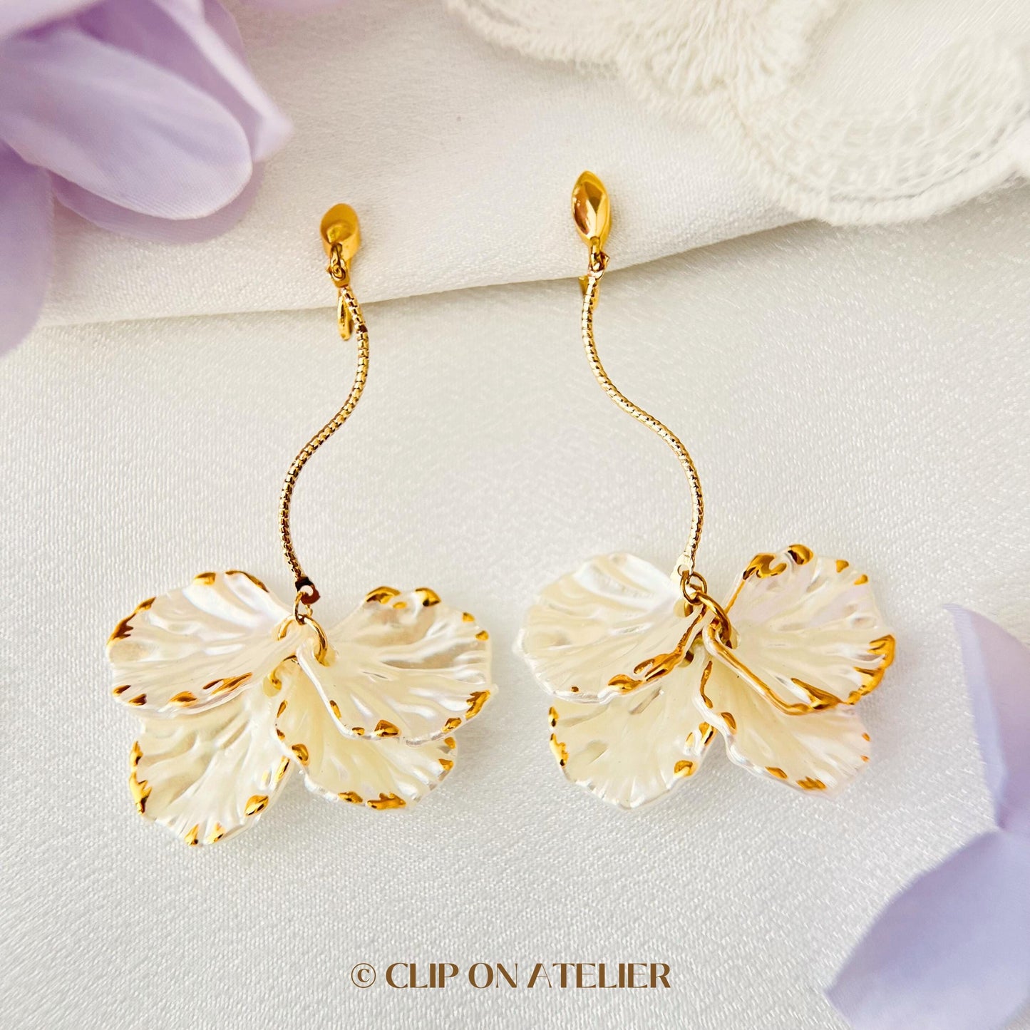 Gold Dangle Clip On Earrings: White Petal Boho Fairy Bridal Jewelry