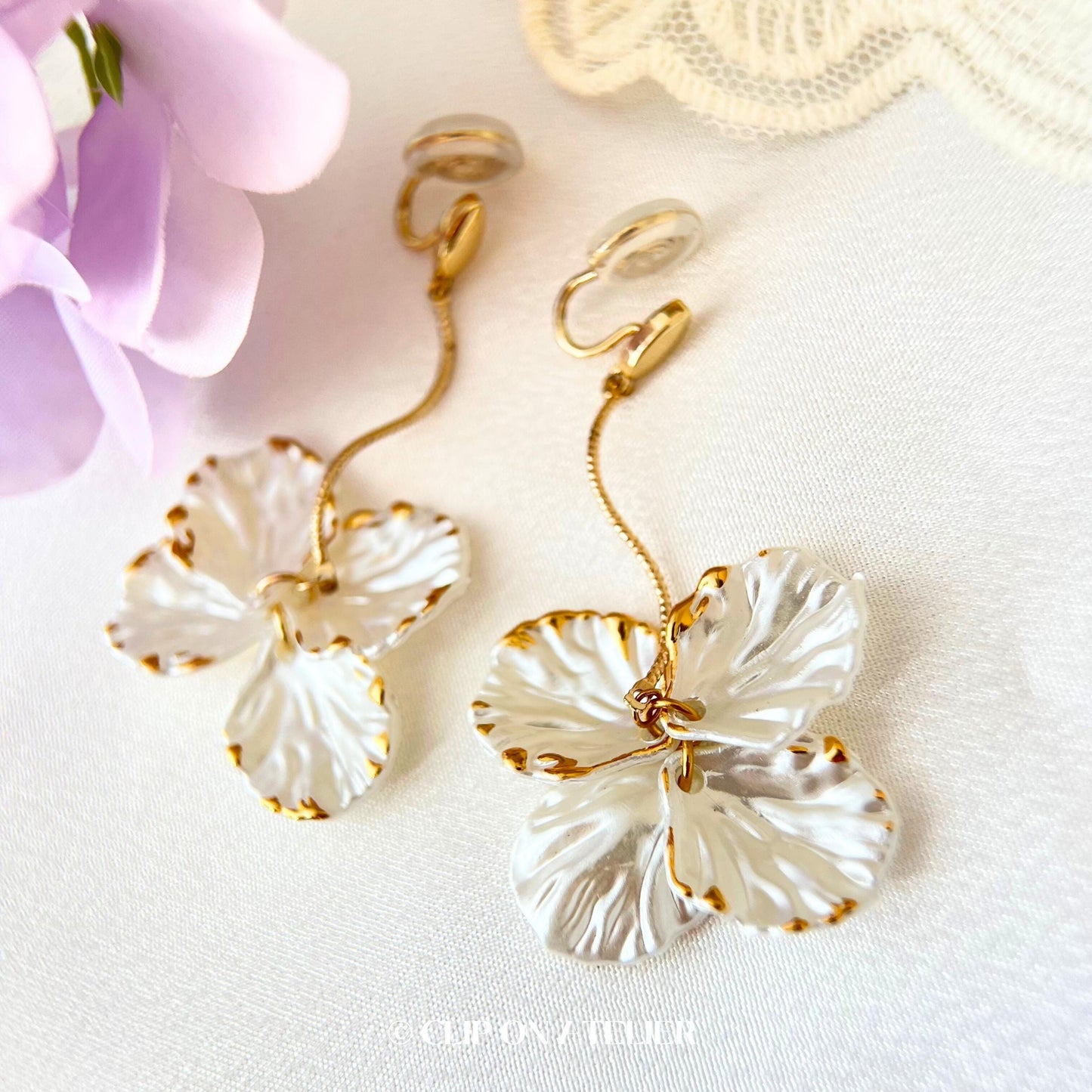 Gold Dangle Clip On Earrings: White Petal Boho Fairy Bridal Jewelry