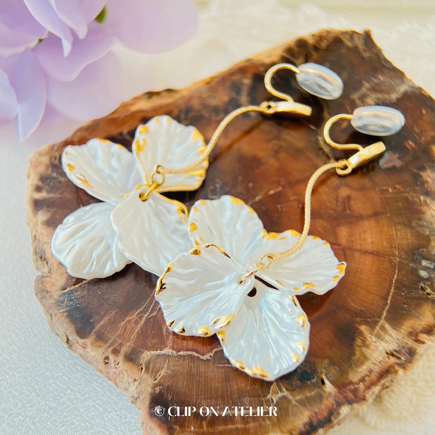 Gold Dangle Clip On Earrings: White Petal Boho Fairy Bridal Jewelry