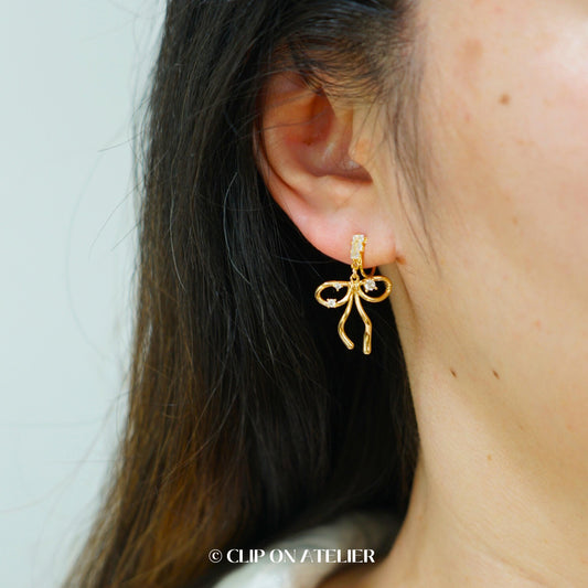 Clip On Earrings Gold Bow Minimalist Diamond Gold Hoop, Boho Drop Dangle Ear Clips Non Pierced Ears No Piercing, Dainty Jewelry Gift for Her