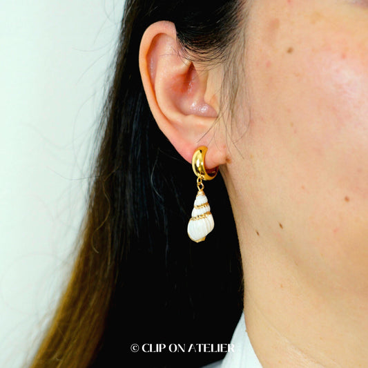 Clip On Earrings Shell Gold Minimalist Hoop Natural Seashell Dangle Huggies Summer Boho Danity Ear Clips,Non Pierced Ears Jewelry Gift Beach