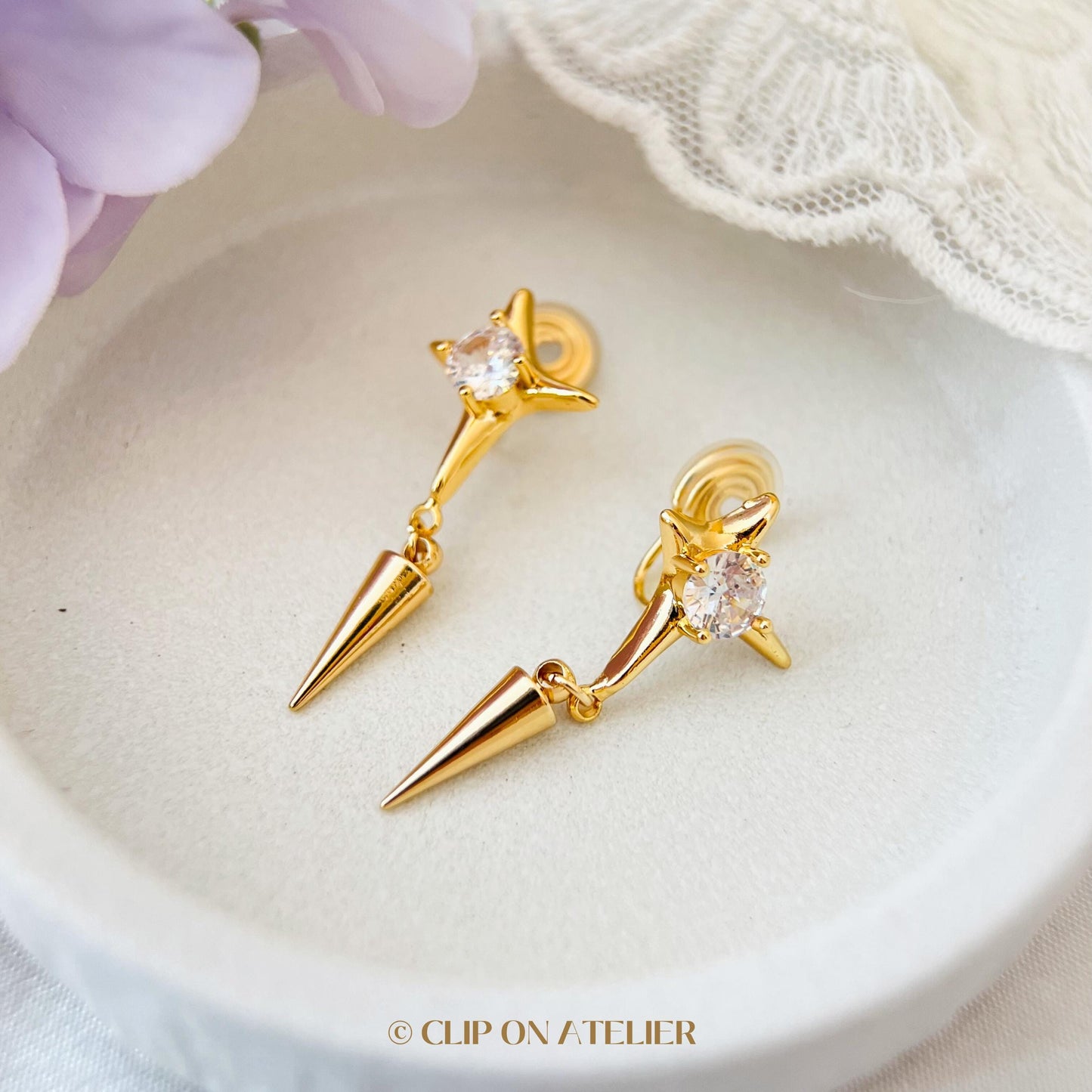 Clip On Earrings Gold Star Minimalist Silver Spike Diamond Dainty Ear Clips, Pain Free Non Pierced Ears, Starry Jewelry Gift Christmas Wife