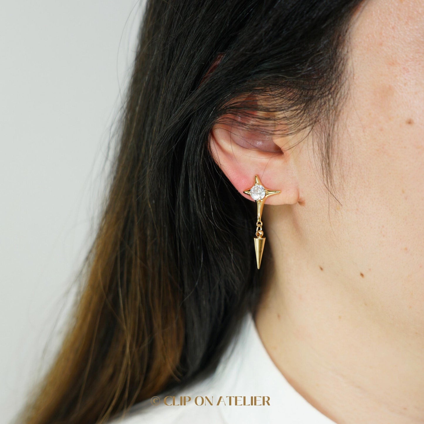 Clip On Earrings Gold Star Minimalist Silver Spike Diamond Dainty Ear Clips, Pain Free Non Pierced Ears, Starry Jewelry Gift Christmas Wife