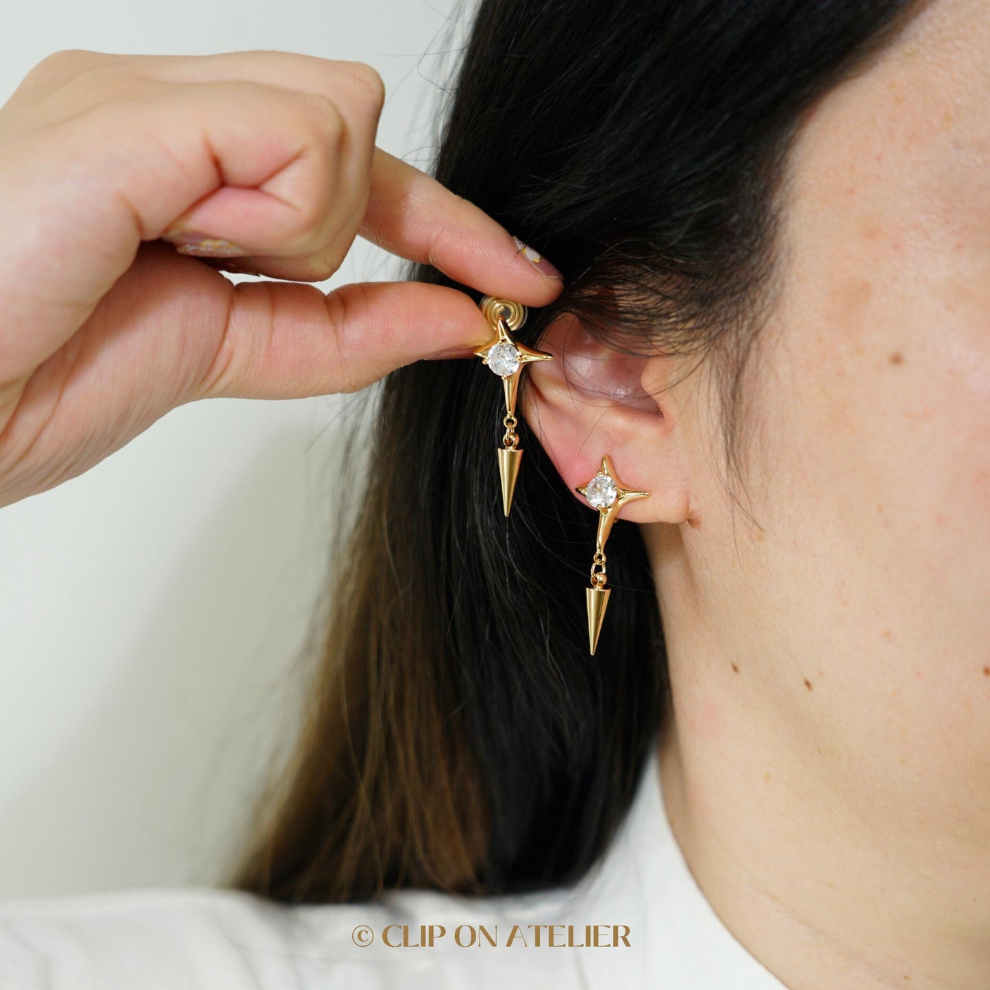 Clip On Earrings Gold Star Minimalist Silver Spike Diamond Dainty Ear Clips, Pain Free Non Pierced Ears, Starry Jewelry Gift Christmas Wife
