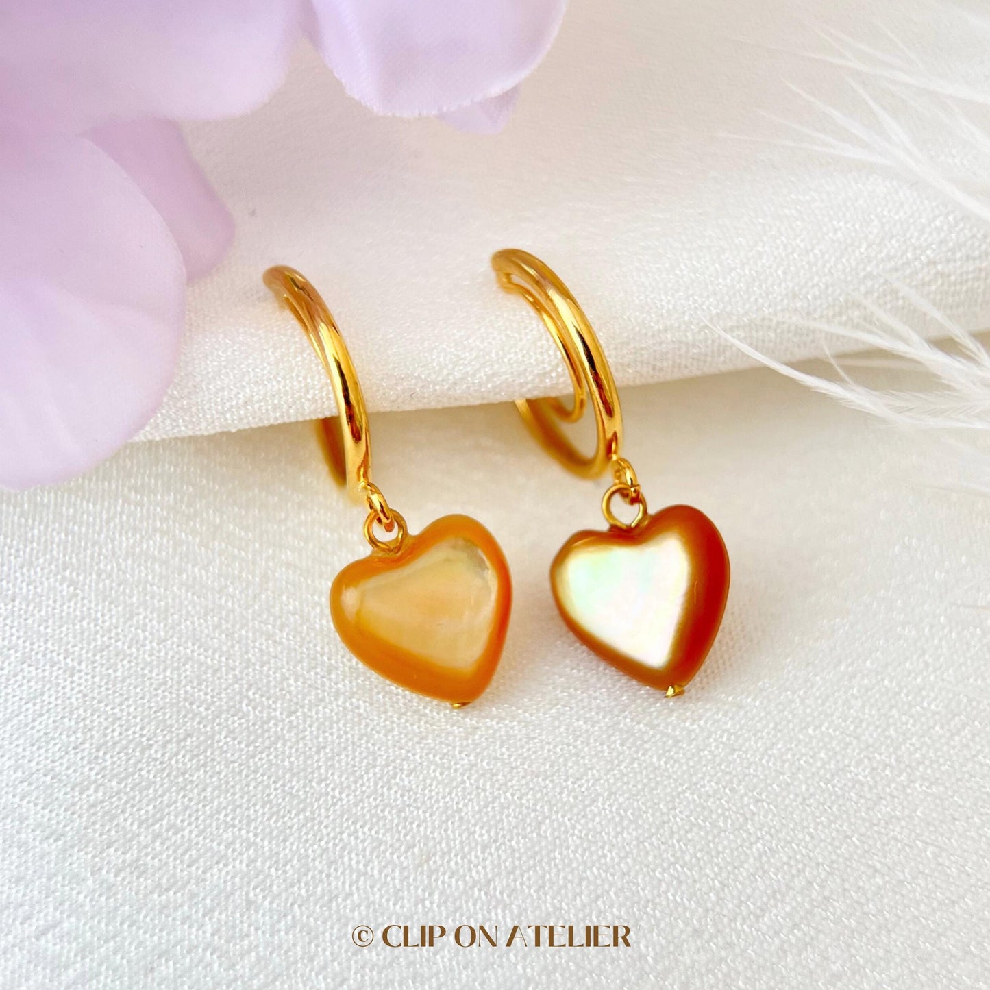Minimalist Gold Clip On Earrings: Mother of Pearl Heart, Dainty Huggies, Non Pierced Ears