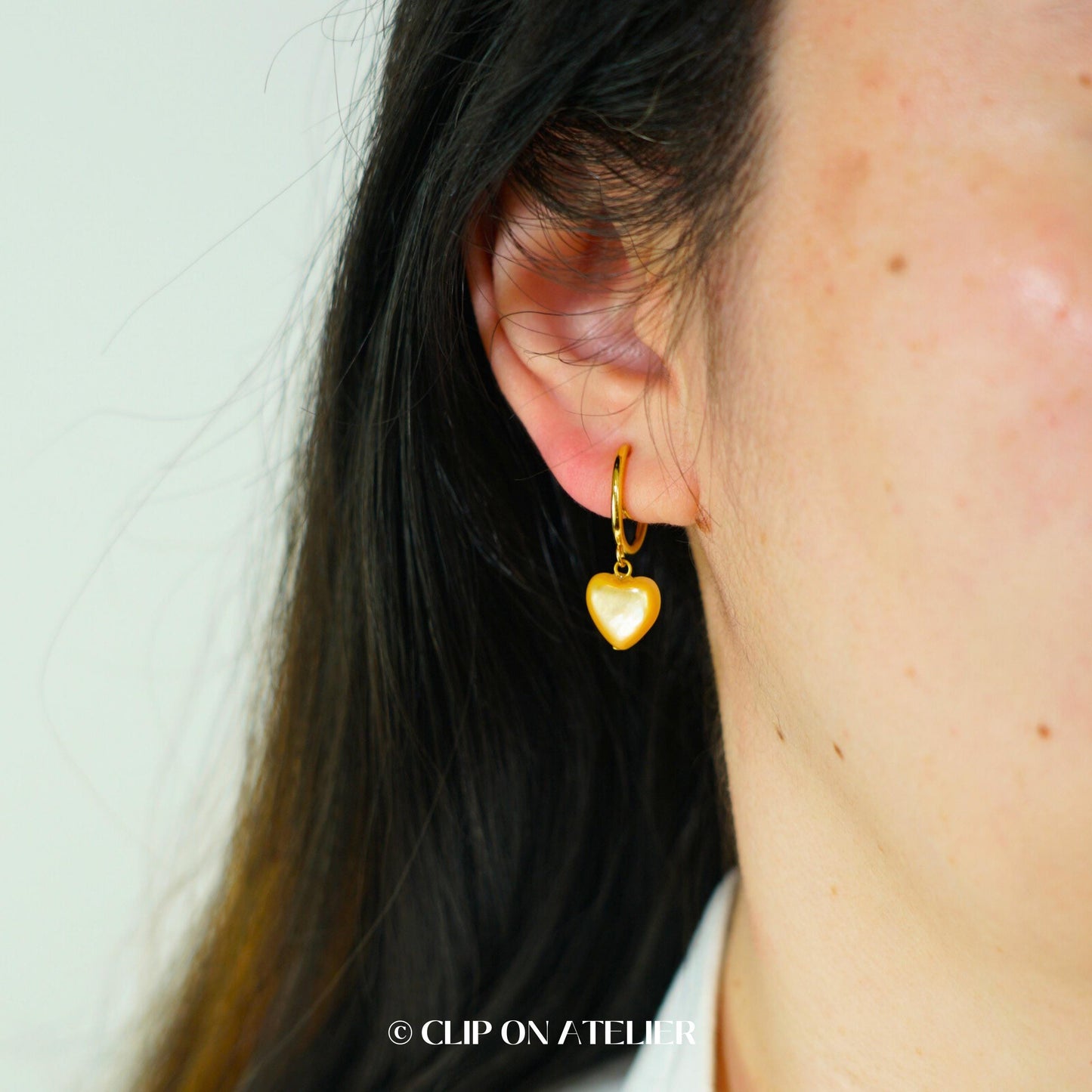 Minimalist Gold Clip On Earrings: Mother of Pearl Heart, Dainty Huggies, Non Pierced Ears