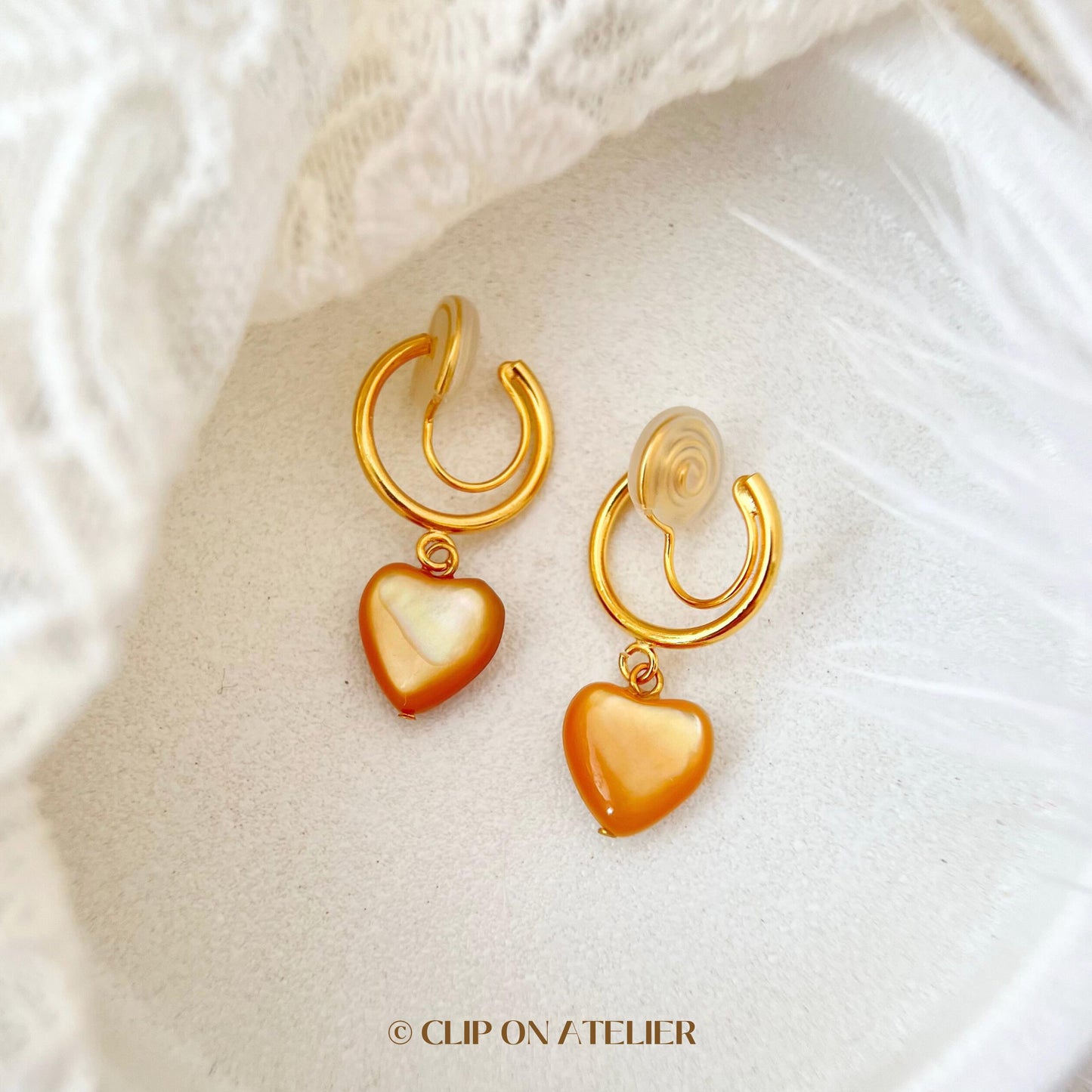 Minimalist Gold Clip On Earrings: Mother of Pearl Heart, Dainty Huggies, Non Pierced Ears