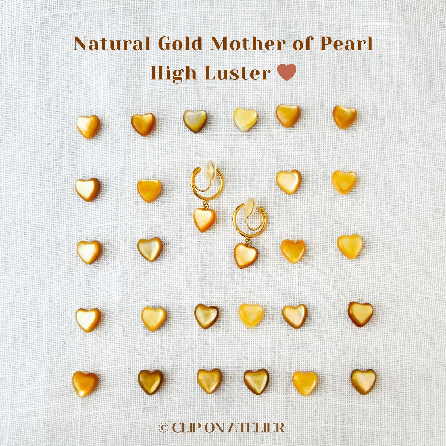 Minimalist Gold Clip On Earrings: Mother of Pearl Heart, Dainty Huggies, Non Pierced Ears
