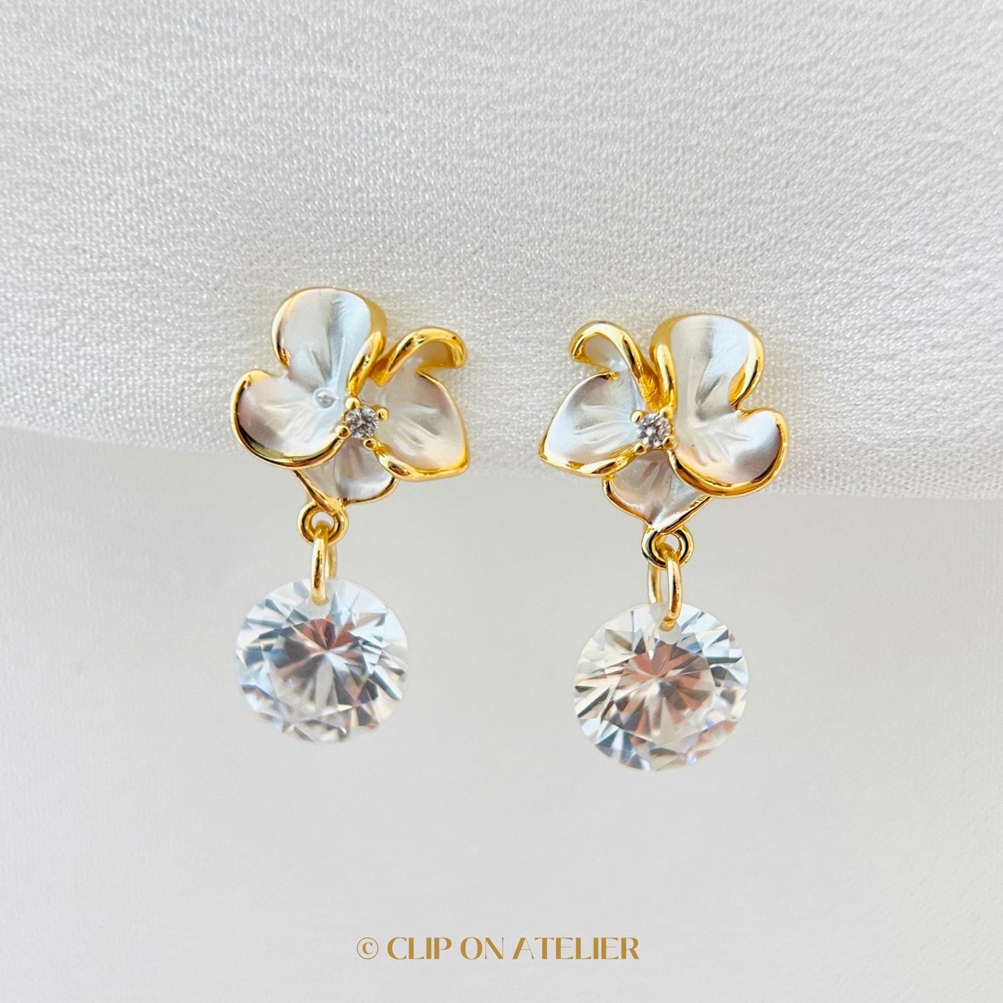 Clip On Earrings Minimalist Gold White Flower CZ Diamond, Bridal Dainty Boho Dangle Ear Clips, Non Pierced Ears, Birthday Gift For Wife Mom