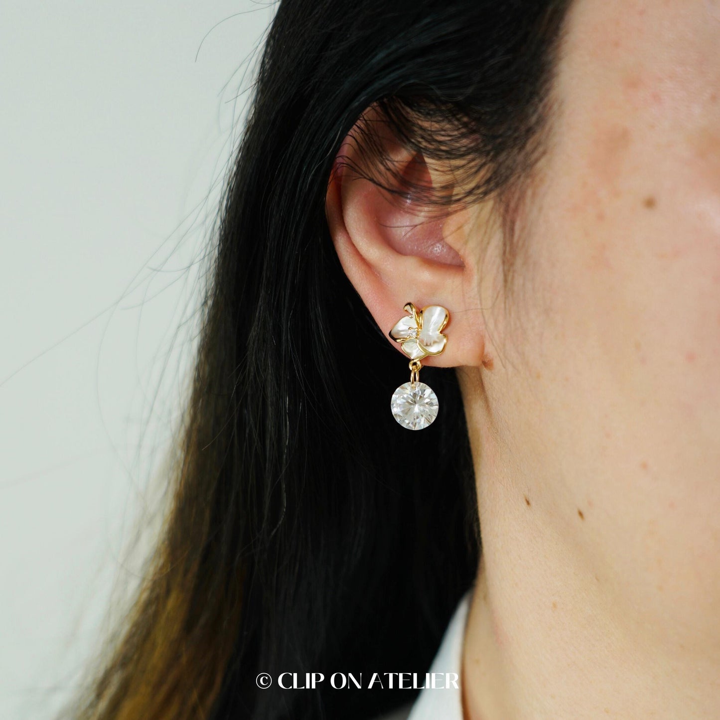 Clip On Earrings Minimalist Gold White Flower CZ Diamond, Bridal Dainty Boho Dangle Ear Clips, Non Pierced Ears, Birthday Gift For Wife Mom