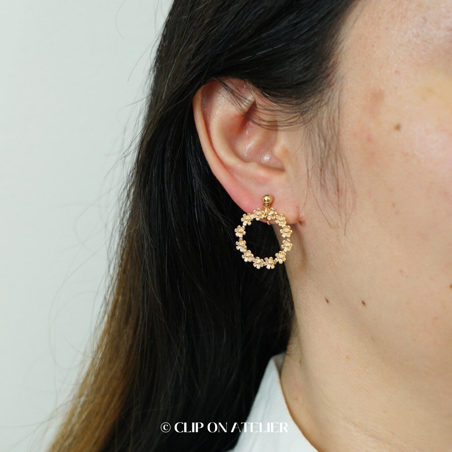 Clip On Earrings Minimalist Gold Hoop Boho Flower Wreath Pearl, Non Pierced Ears No Piercing, Dainty Ear Clips Jewelry Gift Birthday Bridal
