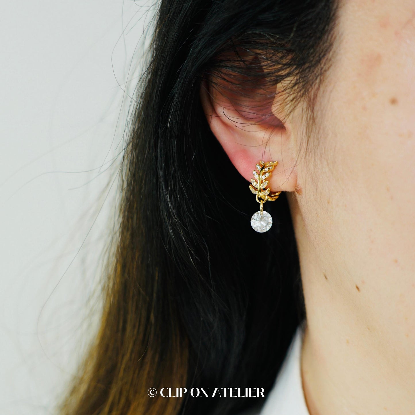 Clip On Earrings Minimalist Leaf Hoop Gold Silver Huggies, CZ Diamond Dainty Dangle Ear Clips, Non Pierced Ears, Jewelry Gift For Wife Mom