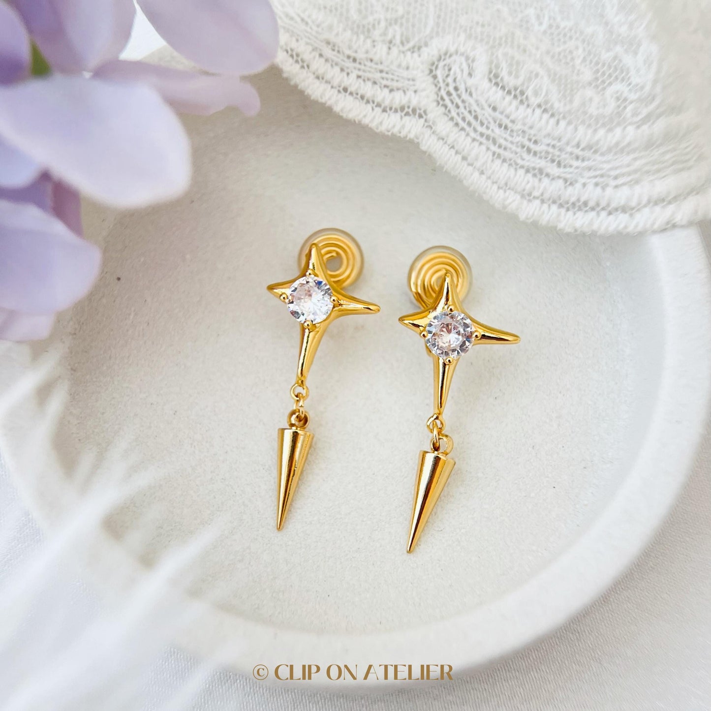 Clip On Earrings Gold Star Minimalist Silver Spike Diamond Dainty Ear Clips, Pain Free Non Pierced Ears, Starry Jewelry Gift Christmas Wife