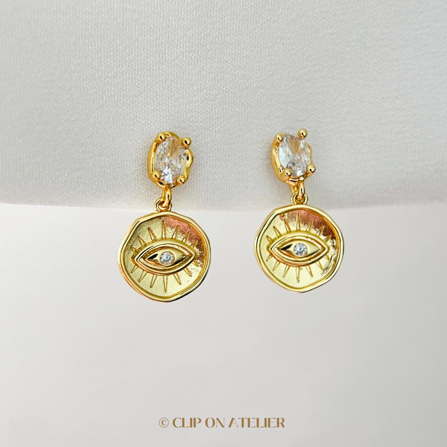 Gold Evil Eye Clip On Earrings: CZ Diamond Dangle, Non Pierced Ears