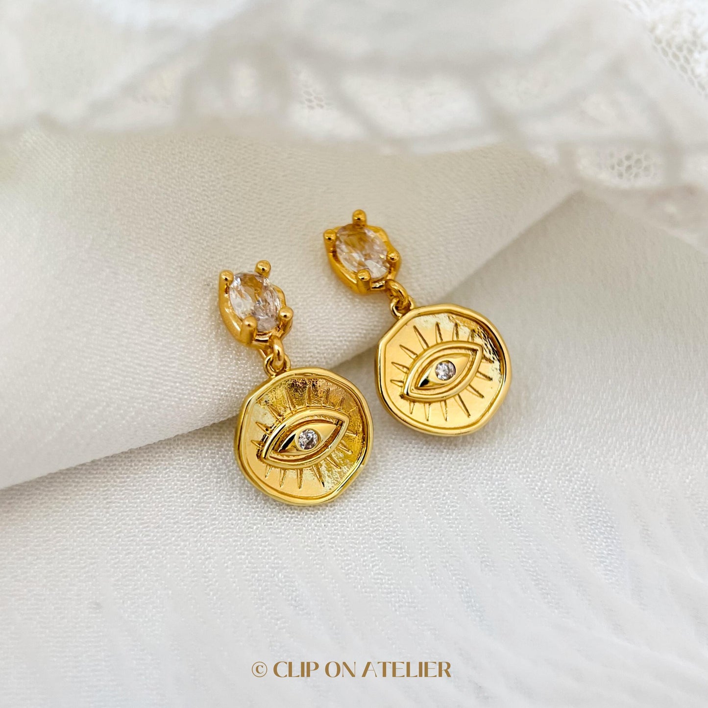 Gold Evil Eye Clip On Earrings: CZ Diamond Dangle, Non Pierced Ears