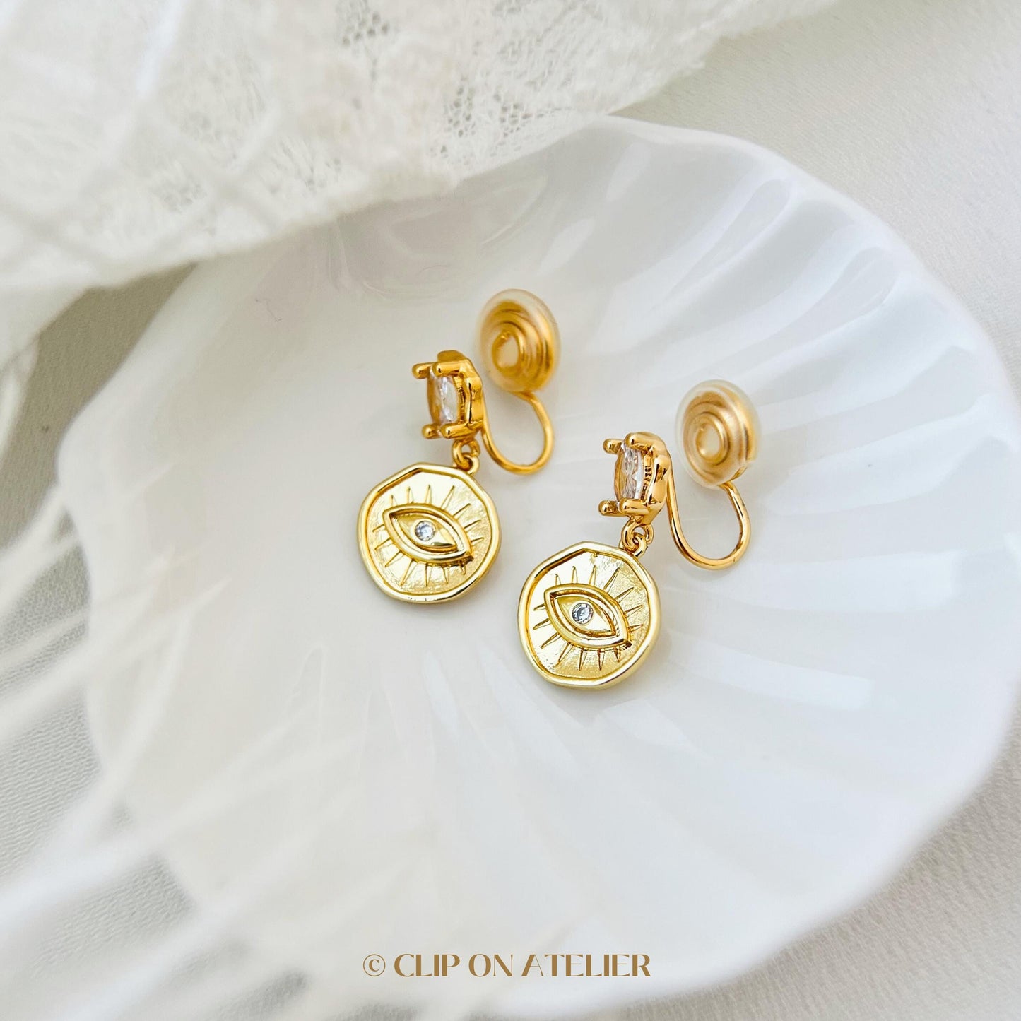 Gold Evil Eye Clip On Earrings: CZ Diamond Dangle, Non Pierced Ears