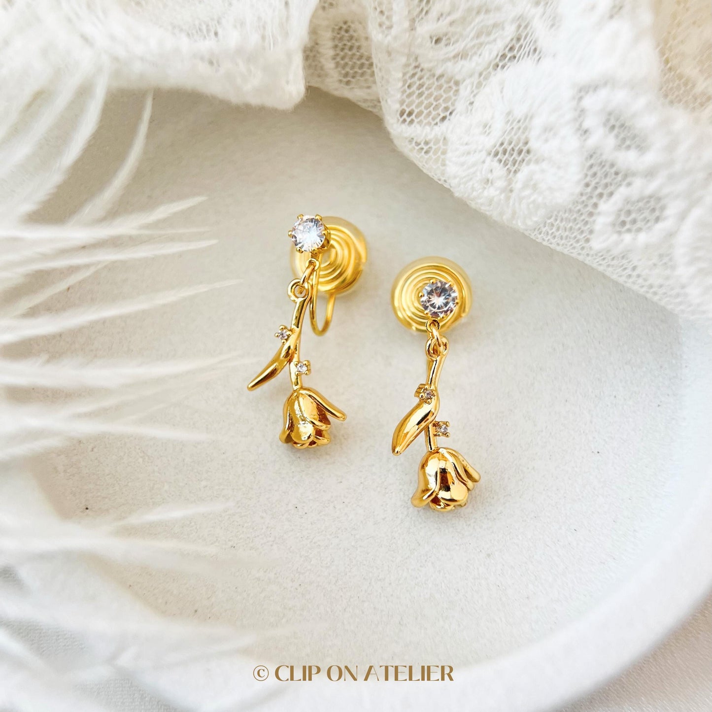 Clip On Earrings Gold Minimalist Boho Rose Flower Branch CZ Diamond Dainty Dangle Floral Invisible Ear Clips, Non Pierced Ears, Gift For Her
