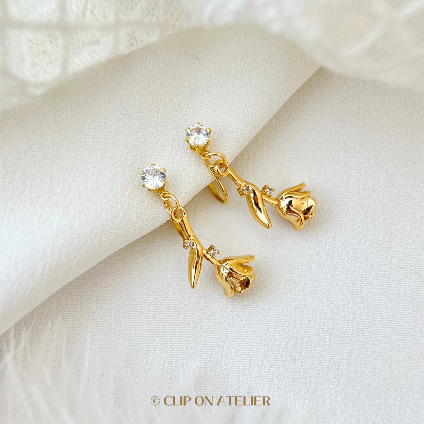 Clip On Earrings Gold Minimalist Boho Rose Flower Branch CZ Diamond Dainty Dangle Floral Invisible Ear Clips, Non Pierced Ears, Gift For Her