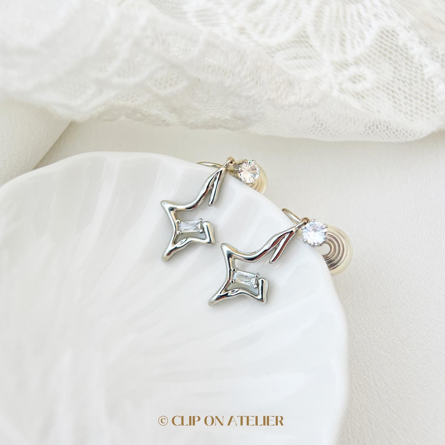 Clip On Earrings Star Minimalist Silver Diamond Stars Dainty Ear Clips | Pain Free Clip Coil Design | Non Pierced Ears | Starry Jewelry Gift