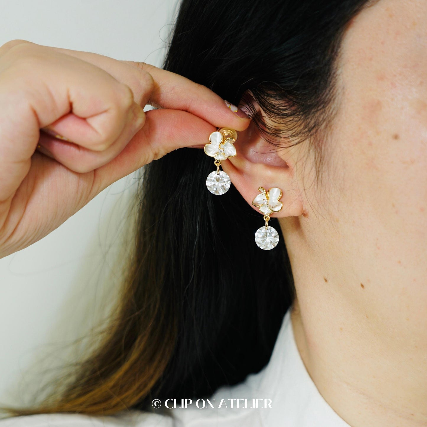 Clip On Earrings Minimalist Gold White Flower CZ Diamond, Bridal Dainty Boho Dangle Ear Clips, Non Pierced Ears, Birthday Gift For Wife Mom