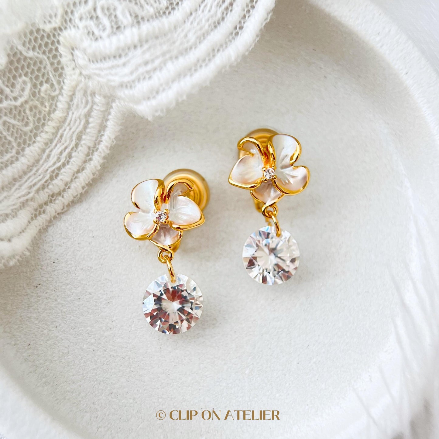 Clip On Earrings Minimalist Gold White Flower CZ Diamond, Bridal Dainty Boho Dangle Ear Clips, Non Pierced Ears, Birthday Gift For Wife Mom