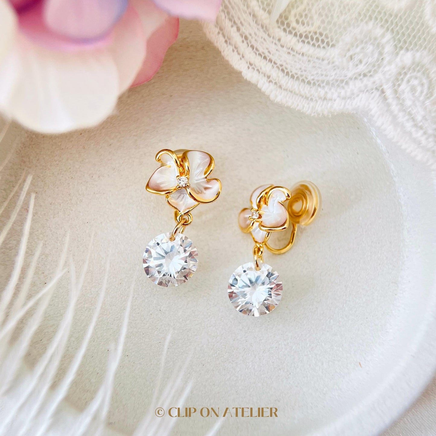 Clip On Earrings Minimalist Gold White Flower CZ Diamond, Bridal Dainty Boho Dangle Ear Clips, Non Pierced Ears, Birthday Gift For Wife Mom