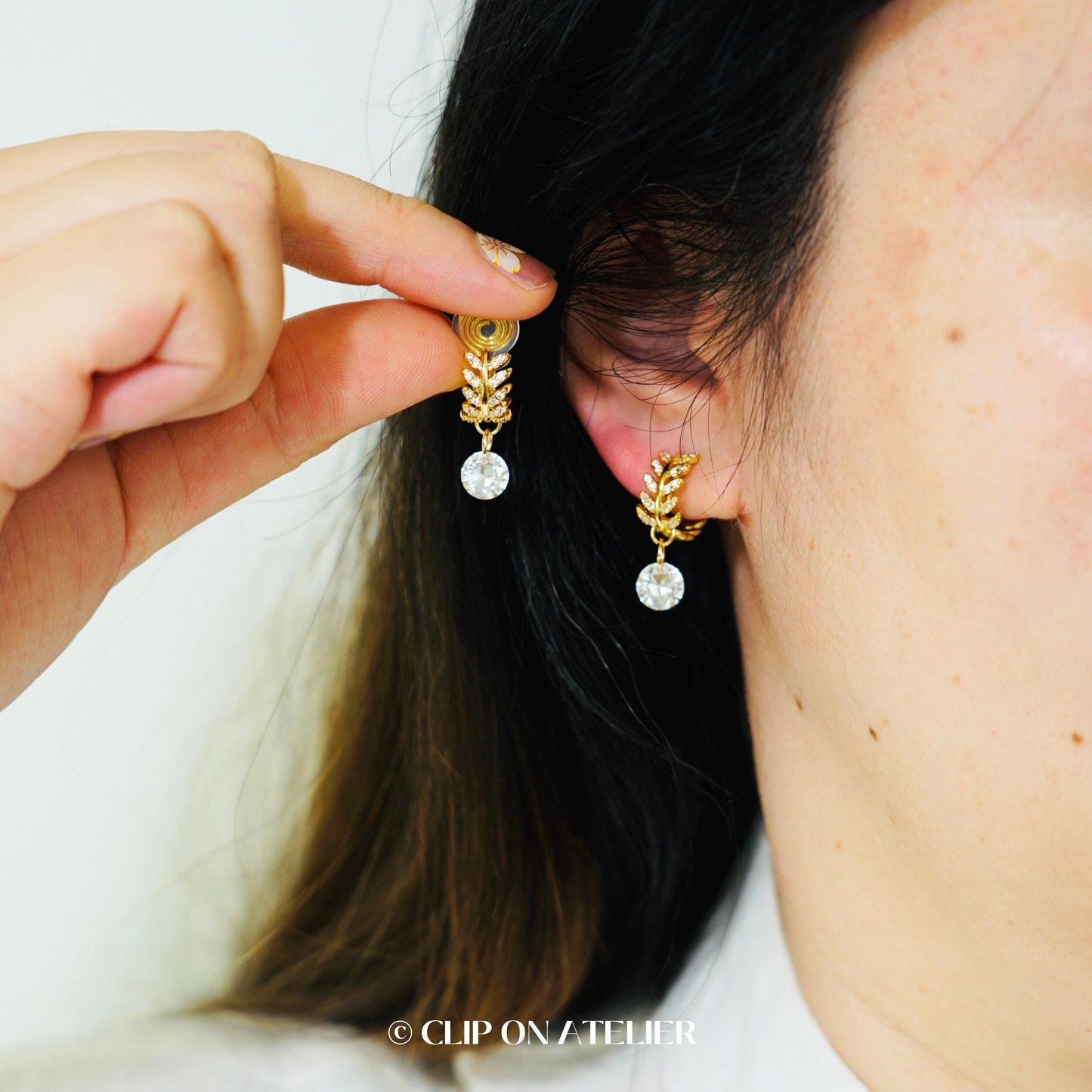 Clip On Earrings Minimalist Leaf Hoop Gold Silver Huggies, CZ Diamond Dainty Dangle Ear Clips, Non Pierced Ears, Jewelry Gift For Wife Mom