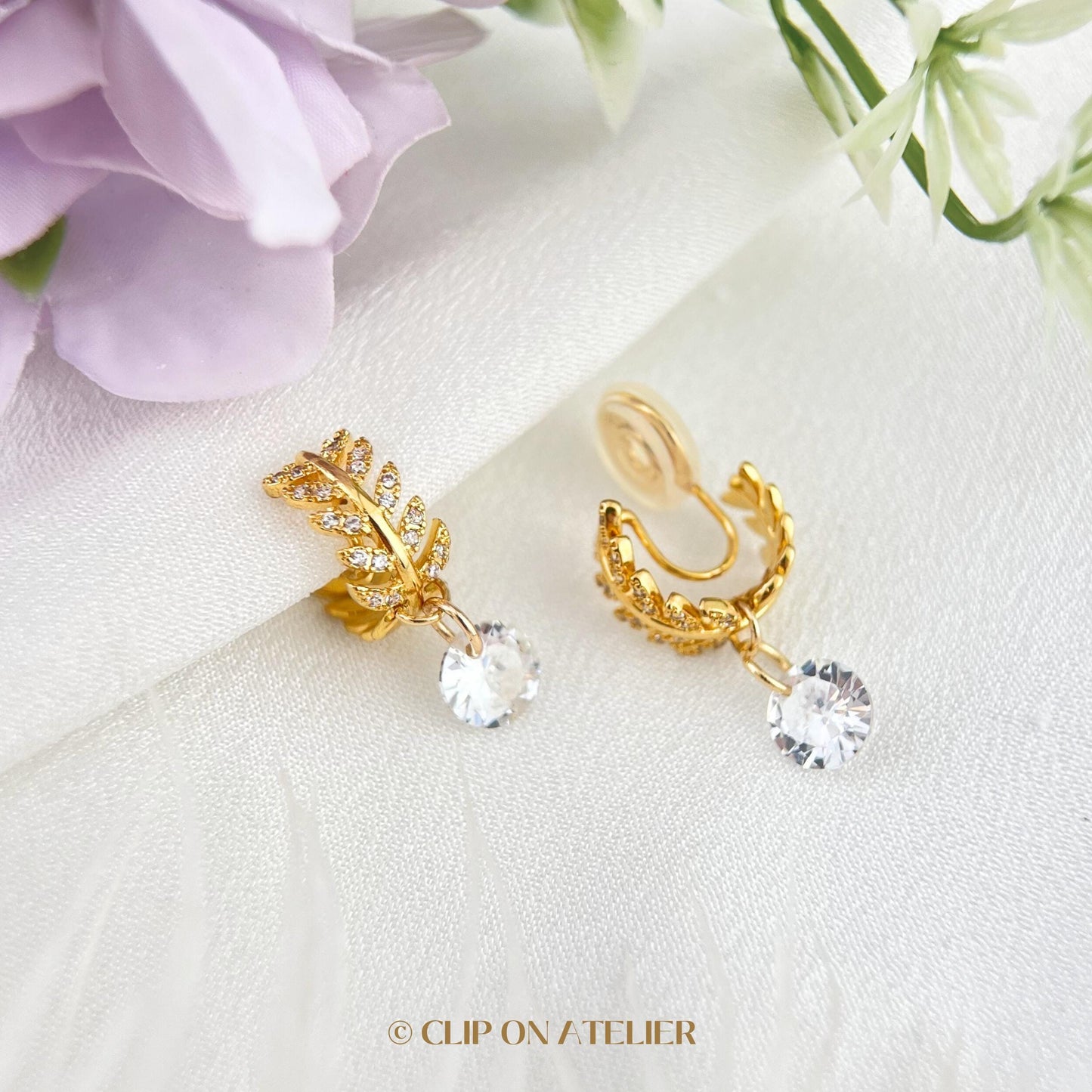 Clip On Earrings Minimalist Leaf Hoop Gold Silver Huggies, CZ Diamond Dainty Dangle Ear Clips, Non Pierced Ears, Jewelry Gift For Wife Mom