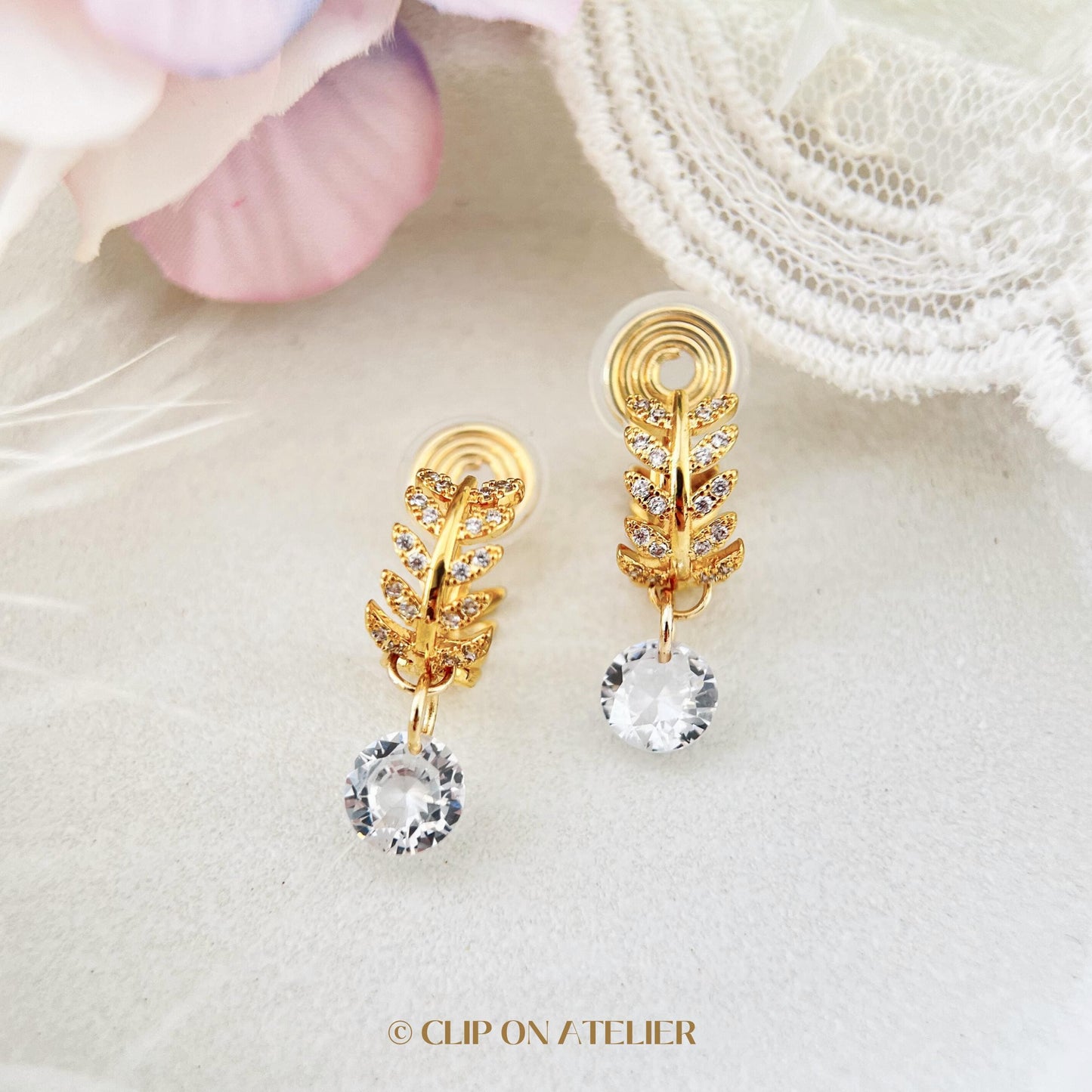 Clip On Earrings Minimalist Leaf Hoop Gold Silver Huggies, CZ Diamond Dainty Dangle Ear Clips, Non Pierced Ears, Jewelry Gift For Wife Mom