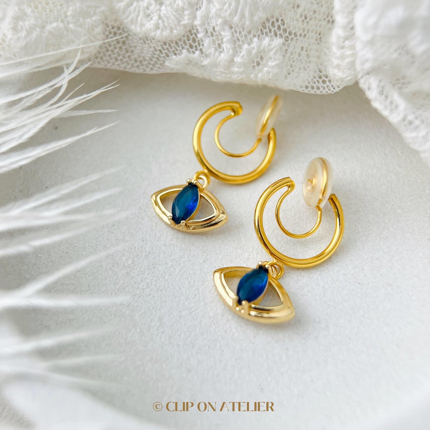 Clip On Earrings Evil Eye Minimalist Gold Hoop Halloween Sapphire Blue Diamond, Boho Dainty Dangle Huggies, Non Pierced Ears No Piercing