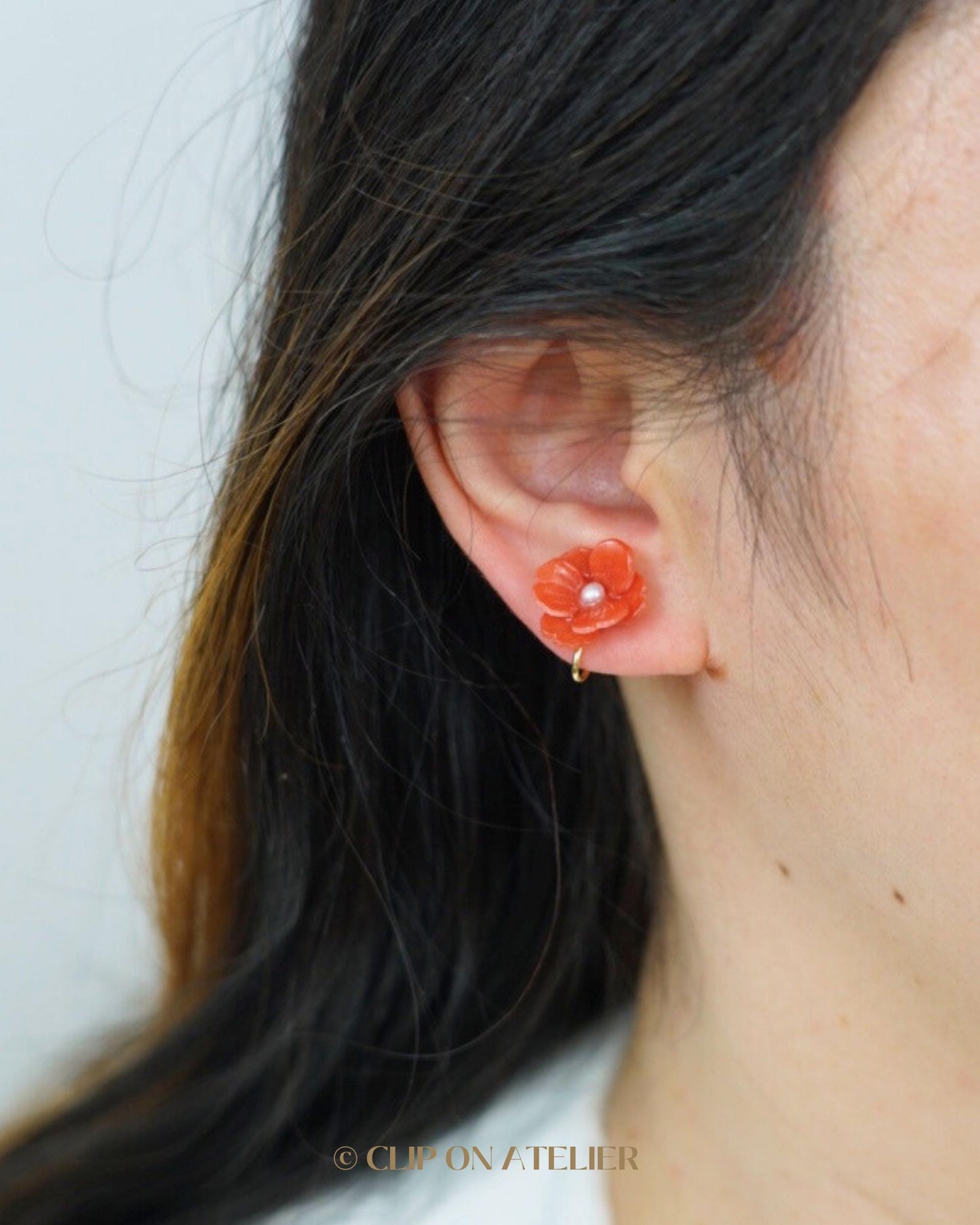 Dainty Red Camellia Pearl Clip On Earrings