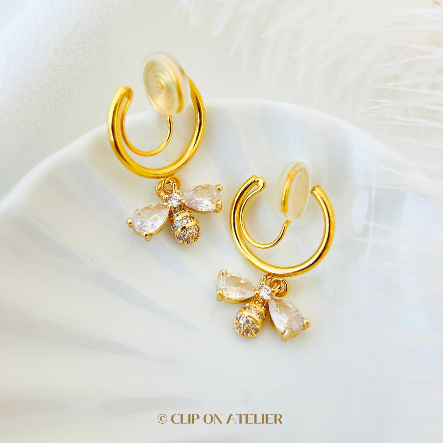 Gold Bee Clip On Earrings: Dainty CZ Diamond Huggie Hoops