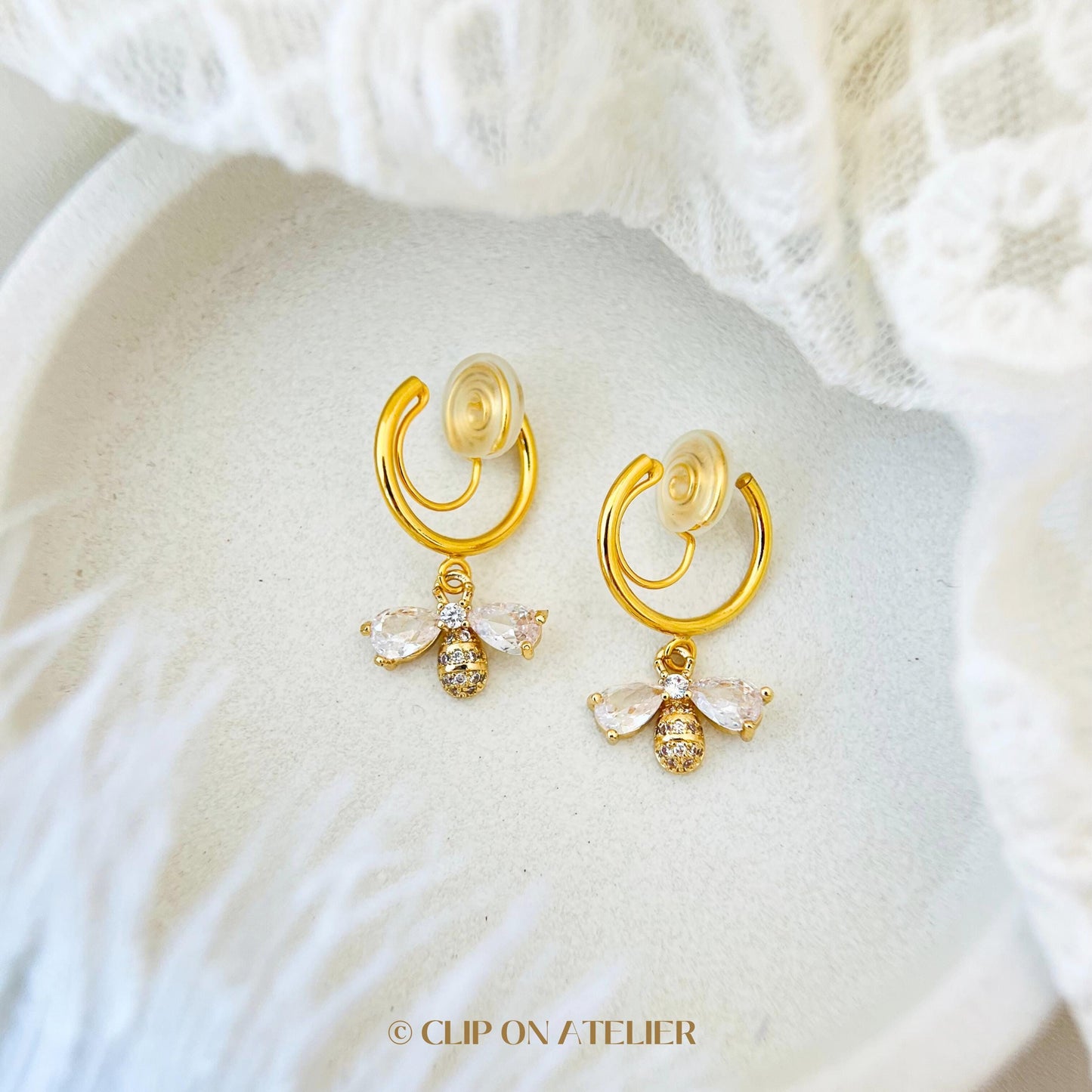 Gold Bee Clip On Earrings: Dainty CZ Diamond Huggie Hoops