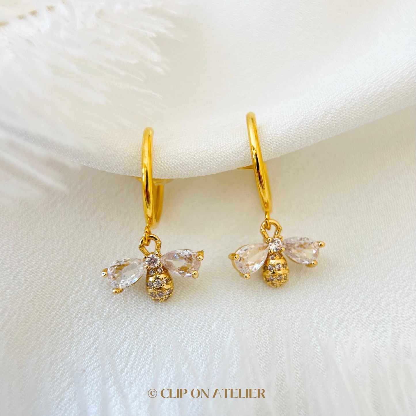 Gold Bee Clip On Earrings: Dainty CZ Diamond Huggie Hoops