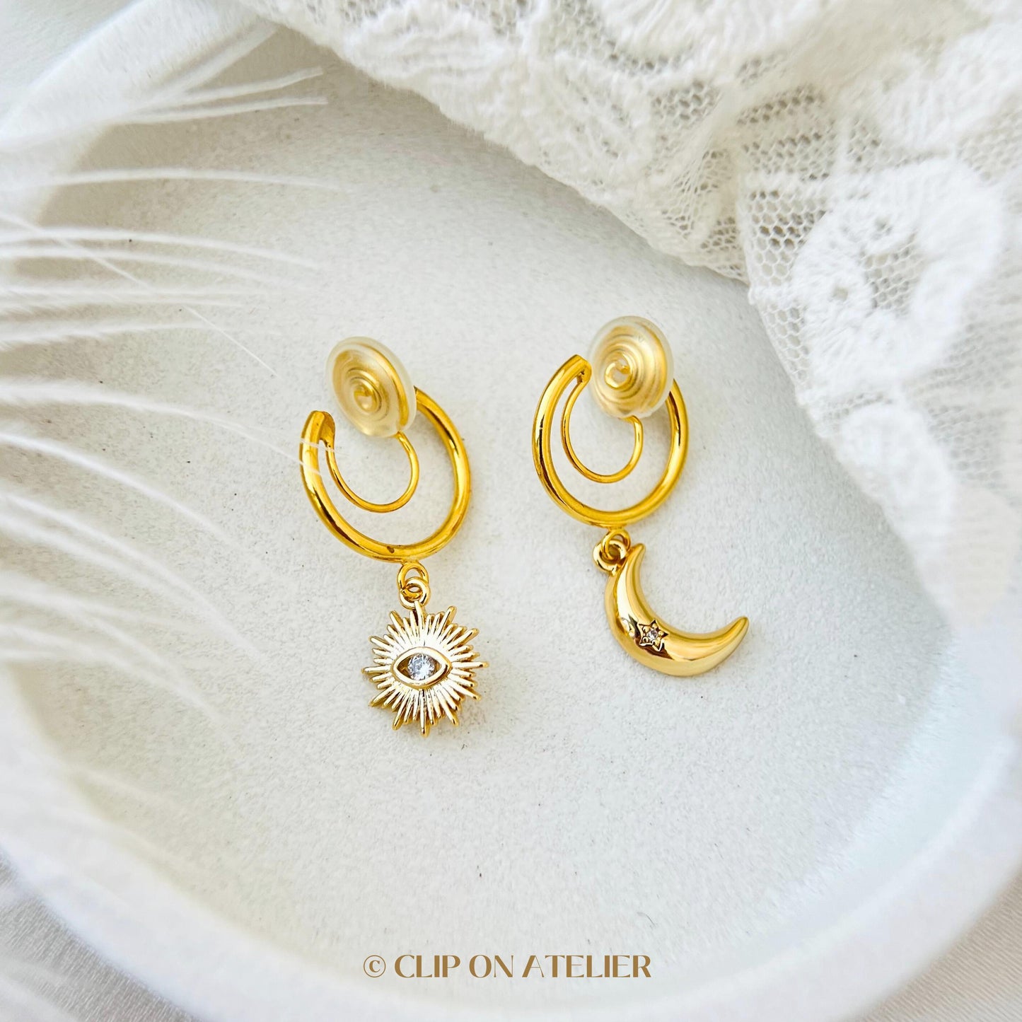 Mismatched Sun & Moon Clip On Earrings: Gold Minimalist CZ Huggies