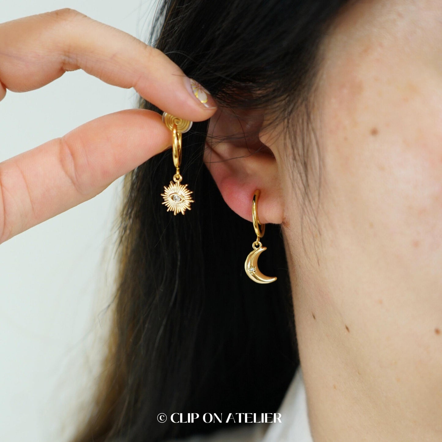 Mismatched Sun & Moon Clip On Earrings: Gold Minimalist CZ Huggies