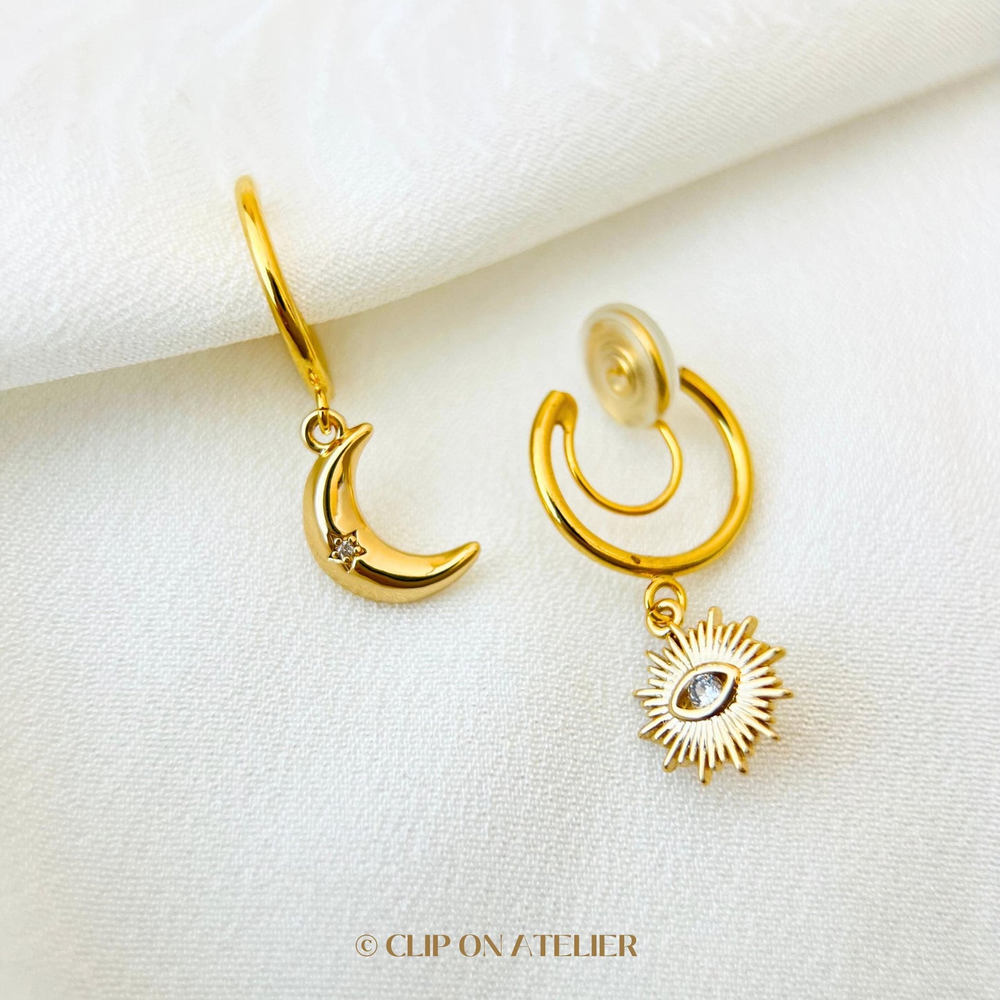 Mismatched Sun & Moon Clip On Earrings: Gold Minimalist CZ Huggies