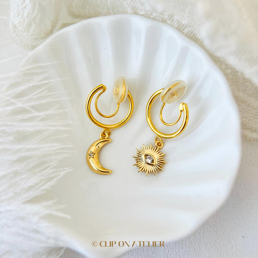 Mismatched Sun & Moon Clip On Earrings: Gold Minimalist CZ Huggies