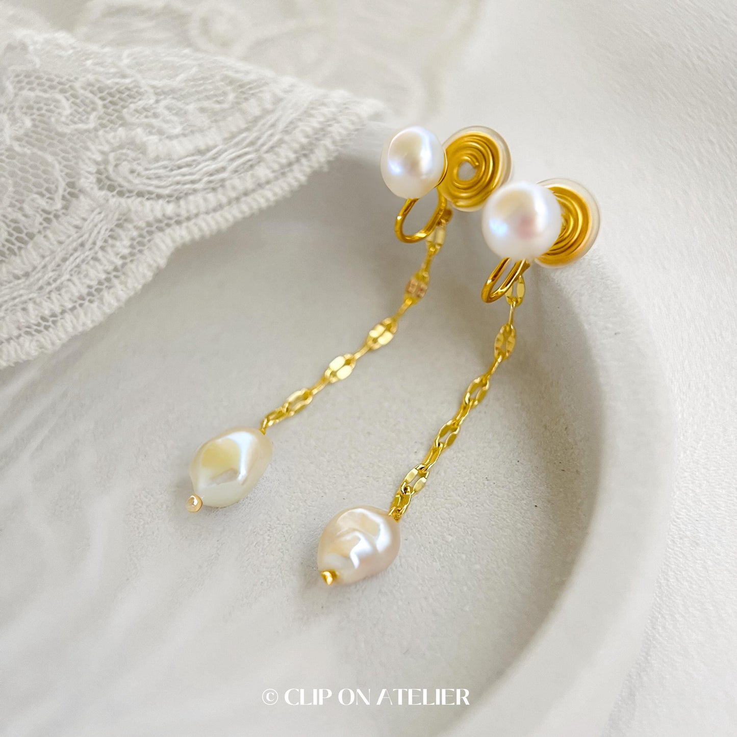 Natural Pearl Clip On Earrings, Ear Jacket Style