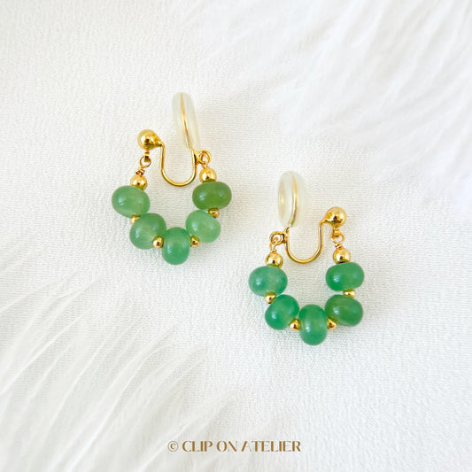 Clip On Earrings Minimalist Green Gemstone Hoop, Jade Green Agate Aventurine, Boho Dainty Huggies Ear Clips, No Pierced Ears No piercing